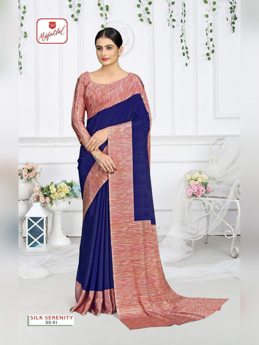 Mafatlal Silk Serenity Uniform Saree – Navy & Peach (SS-01) - Front