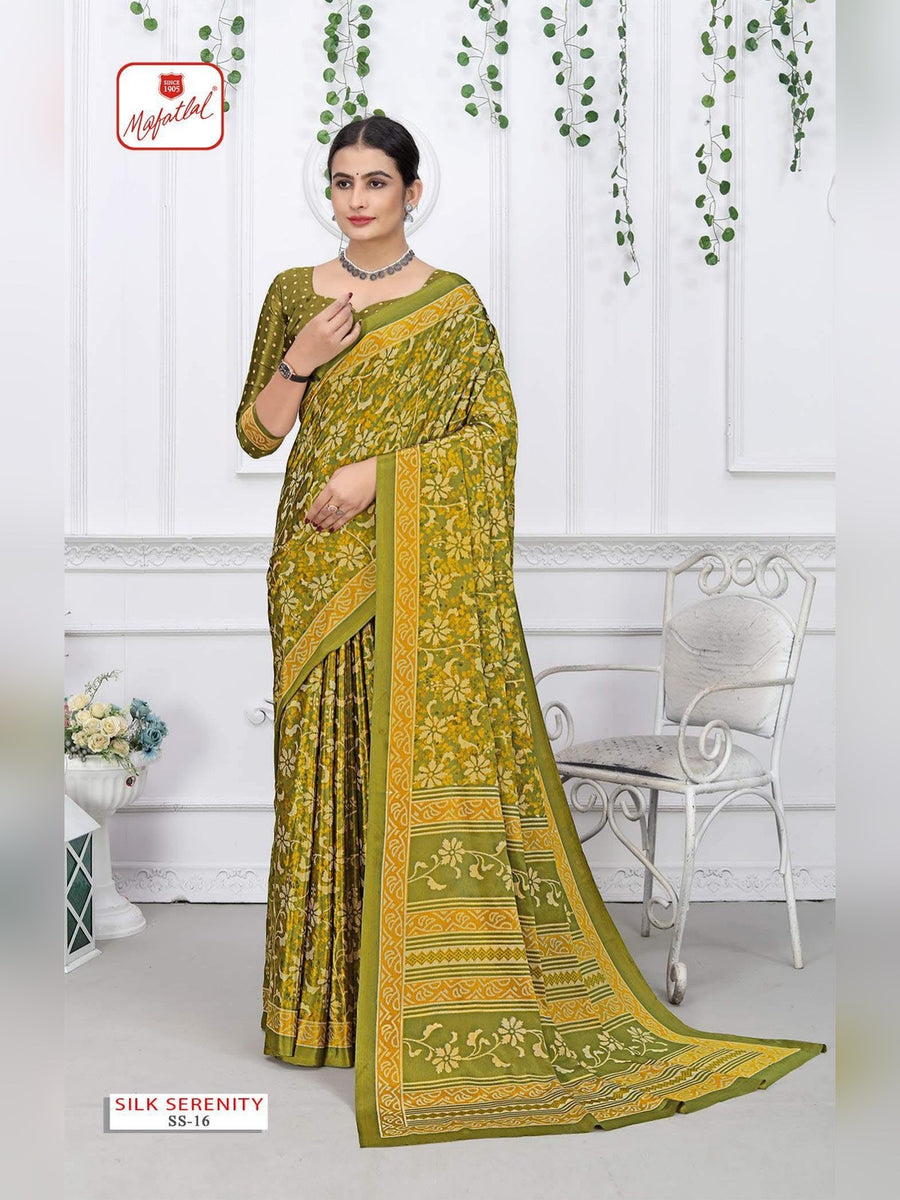Mafatlal Silk Serenity Uniform Saree – Olive & Mustard (SS-16) - Front