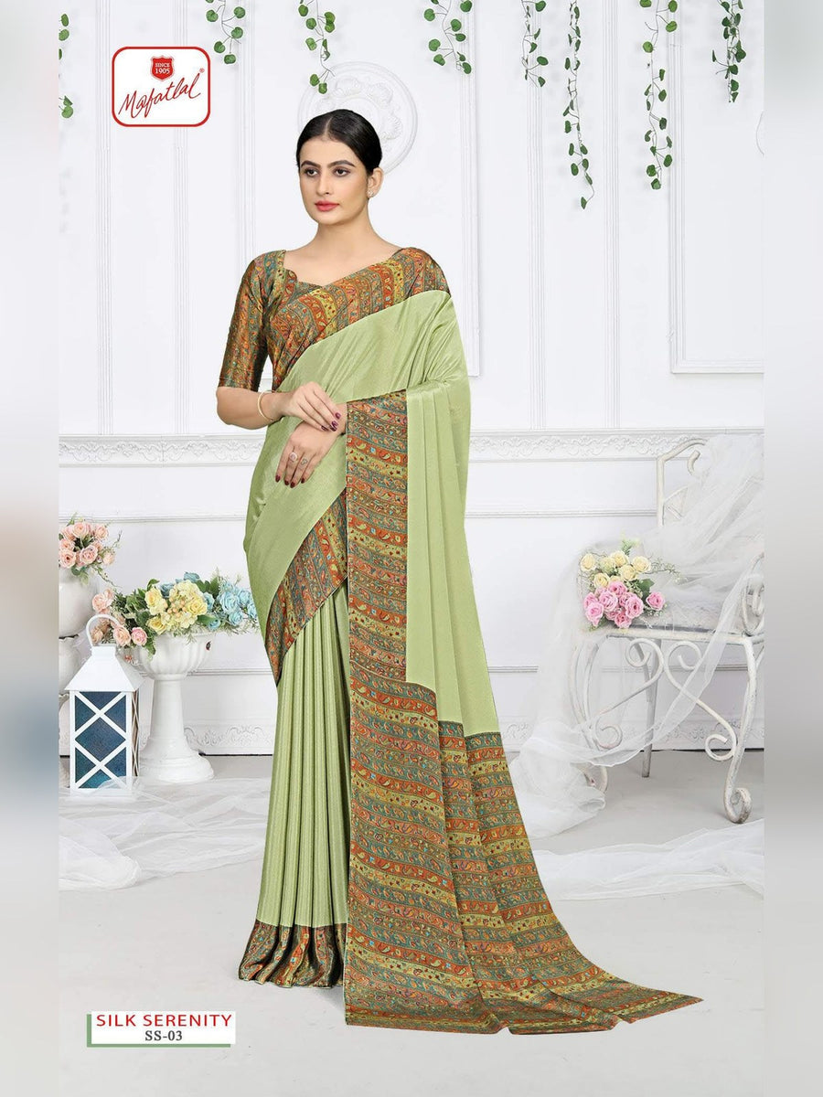 Mafatlal Silk Serenity Uniform Saree – Pista Green & Brown (SS-03) - Front