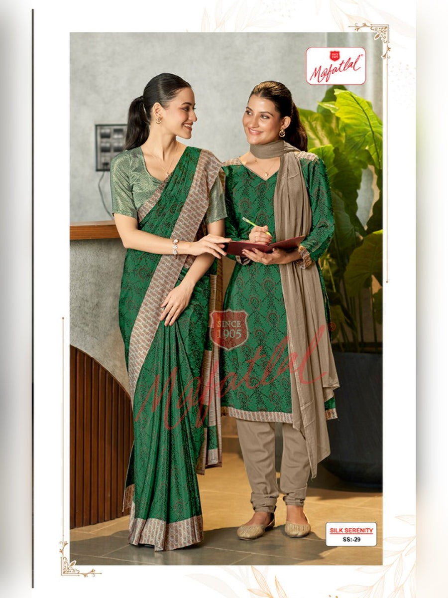 Mafatlal Silk Serenity Uniform Saree & Suit – Bottle Green & Beige (SS-29) - Front