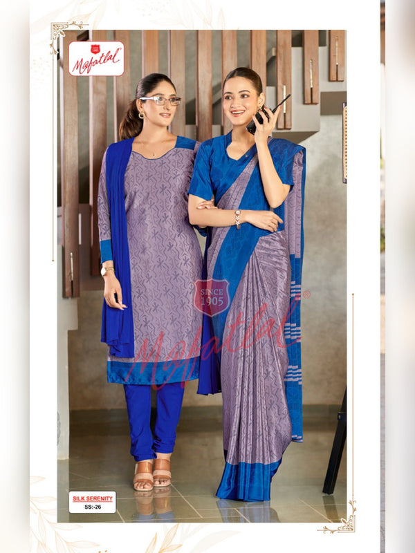 Mafatlal Silk Serenity Uniform Saree & Suit – Lavender Grey & Royal Blue (SS-26)
