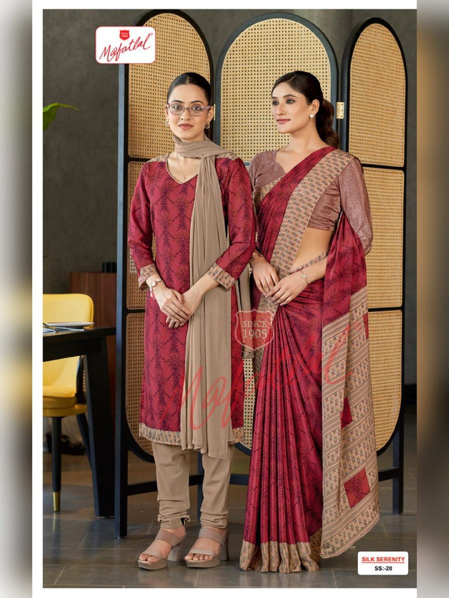 Mafatlal Silk Serenity Uniform Saree & Suit – Maroon & Beige (SS-28) - Front