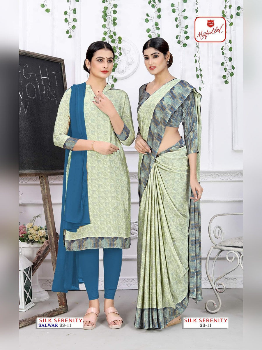Mafatlal Silk Serenity Uniform Saree & Suit – Mint Green & Teal Blue (SS-11) - Front