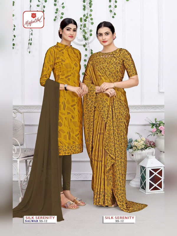 Mafatlal Silk Serenity Uniform Saree & Suit - Mustard & Olive (SS-12)