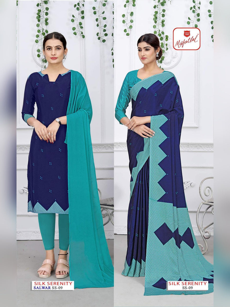 Mafatlal Silk Serenity Uniform Saree & Suit – Navy & Teal (SS-09) - Front