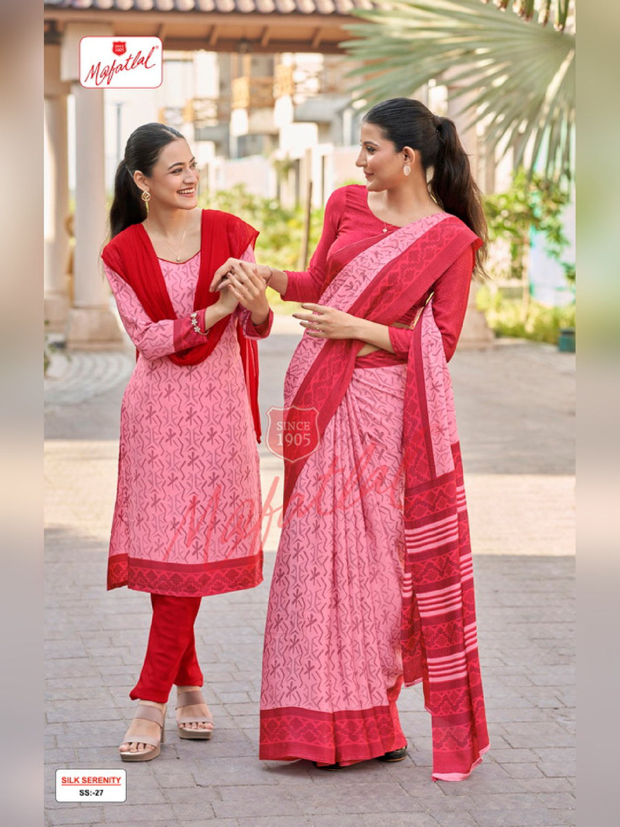 Mafatlal Silk Serenity Uniform Saree & Suit – Pink & Red (SS-27) - Front