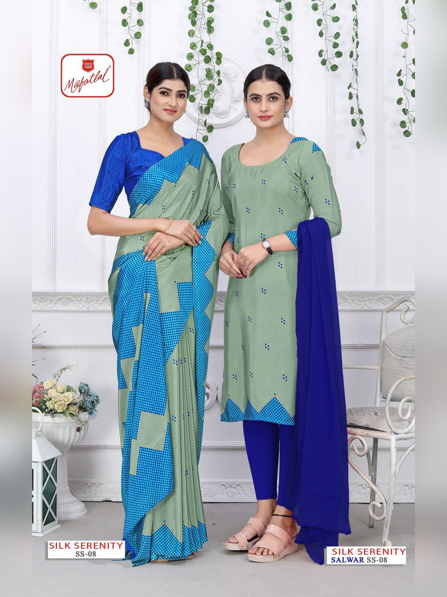 Mafatlal Silk Serenity Uniform Saree & Suit – Sky Blue & Mint Green (SS-08) - Front