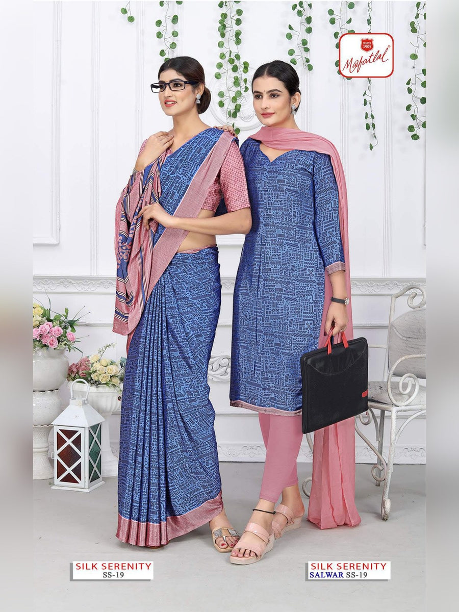 Mafatlal Silk Serenity Uniform Saree & Suit – Steel Blue & Pink (SS-19) - Front