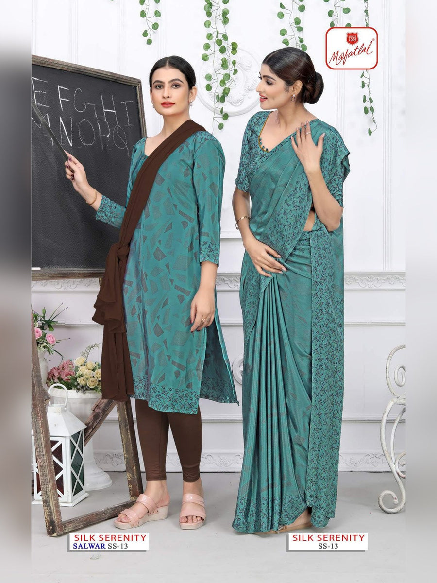 Mafatlal Silk Serenity Uniform Saree & Suit – Teal Green & Brown (SS-13) - Front