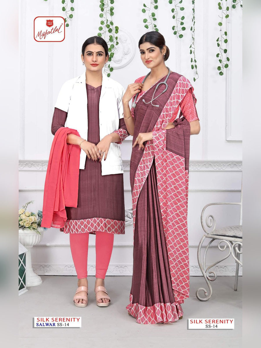 Mafatlal Silk Serenity Uniform Saree & Suit – Wine & Coral Pink (SS-14) - Front