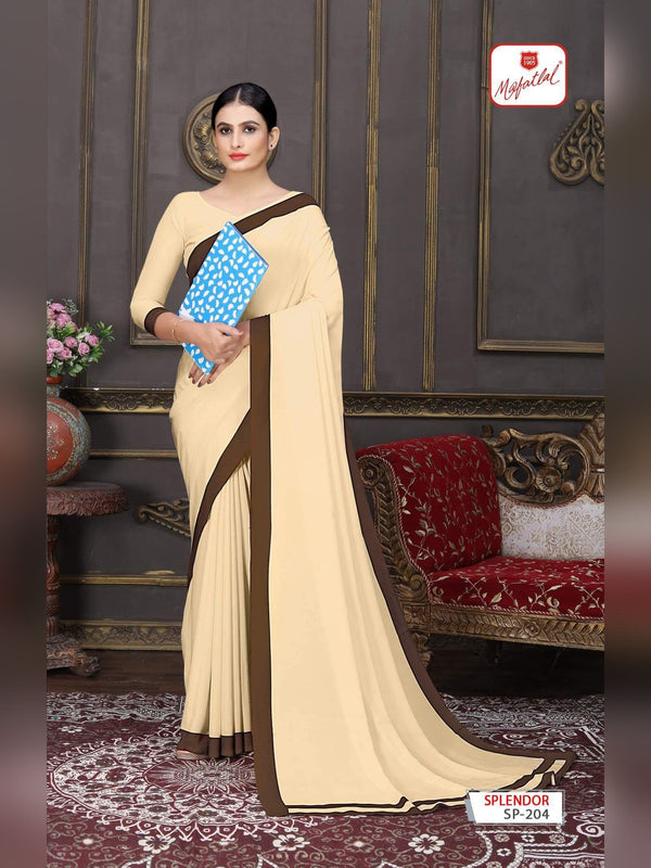 Mafatlal Splendor Uniform Saree - Cream & Brown (SP-204)