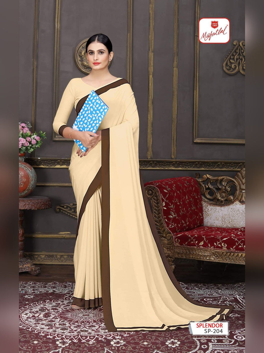 Mafatlal Splendor Uniform Saree – Cream & Brown (SP-204) - Front