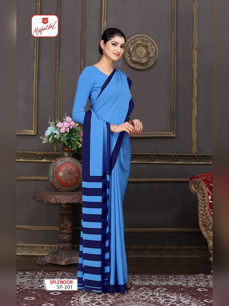 Mafatlal Splendor Uniform Saree – Sky Blue & Navy Stripe (SP-201) - Front