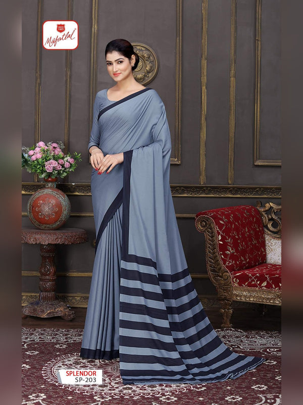 Mafatlal Splendor Uniform Saree - Steel Grey & Navy Stripe (SP-203)