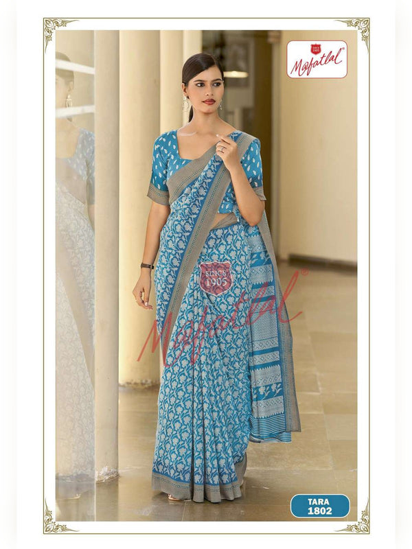 Mafatlal Tara Uniform Saree - Peacock Blue Floral (TARA-1802)