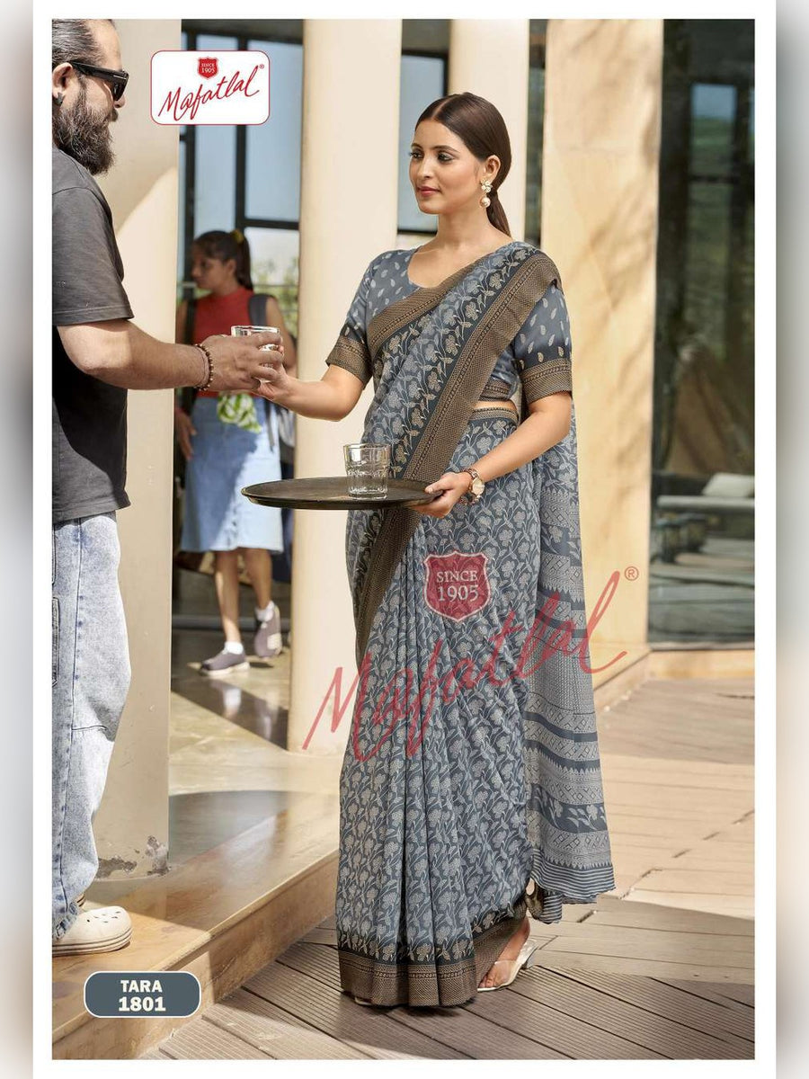 Mafatlal Tara Uniform Saree – Slate Grey Floral (TARA-1801) - Front