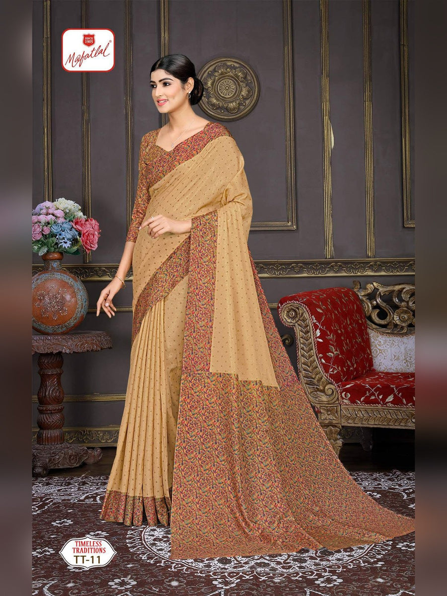 Mafatlal Timeless Traditions Uniform Saree – Beige & Rust (TT-11) - Front