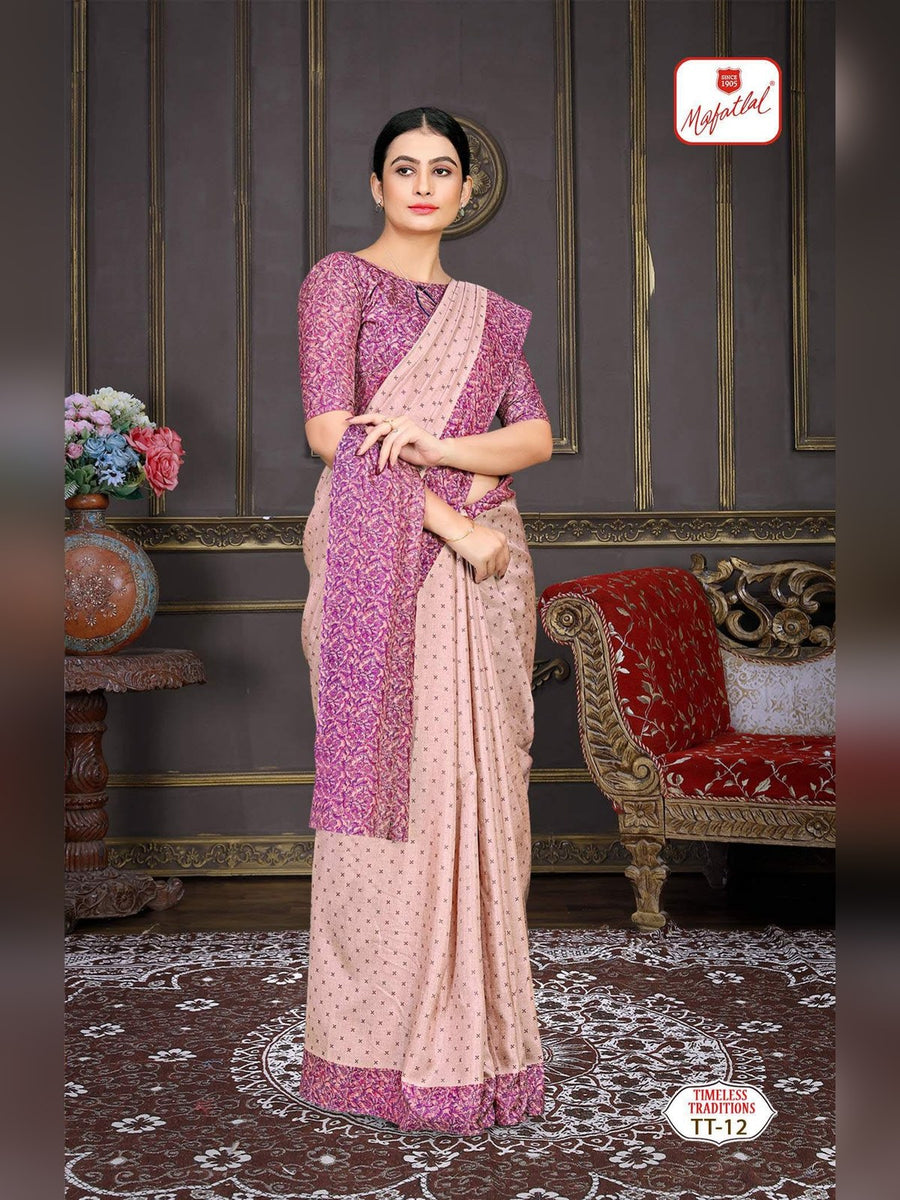 Mafatlal Timeless Traditions Uniform Saree – Peach Pink & Magenta (TT-12) - Front