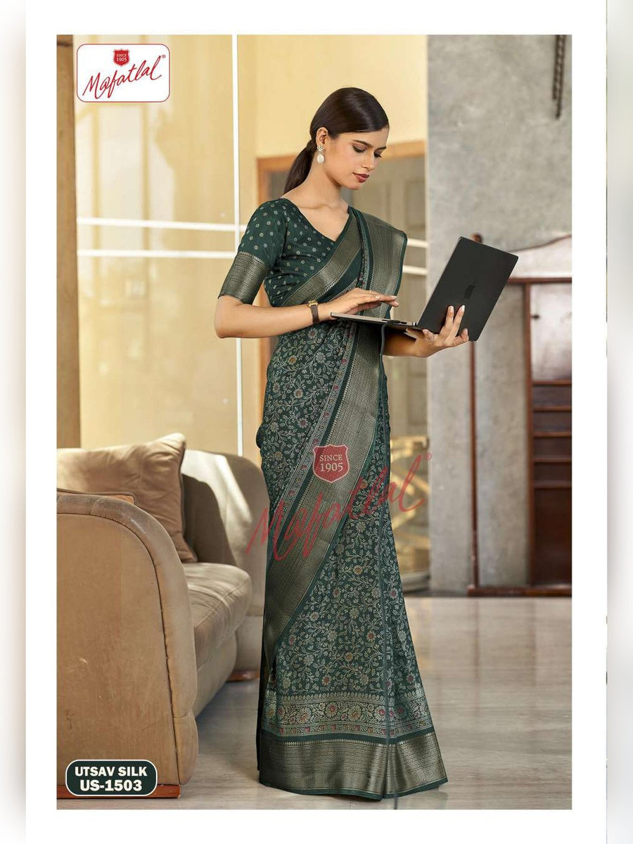 Mafatlal Utsav Silk Uniform Saree – Bottle Green (US-1503) - Front