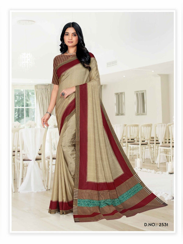 Malgudi Silk uniform saree Beige Maroon D.No 2531
