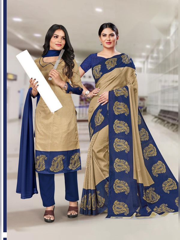 Malgudi Silk uniform saree Beige Navy D.No 2437
