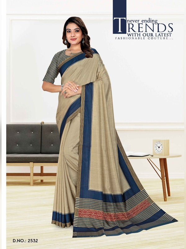 Malgudi Silk uniform saree Beige Navy D.No 2532
