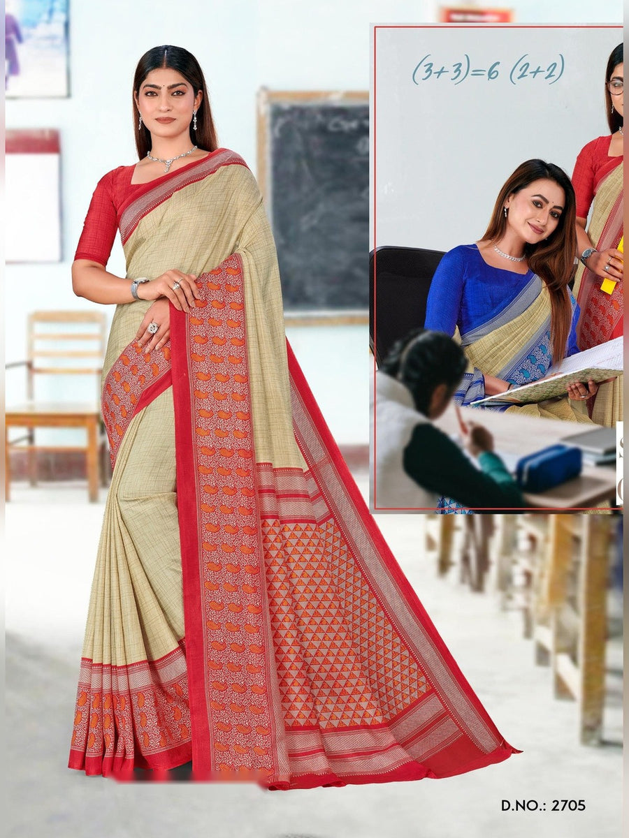 Women's Malgudi Silk Uniform Saree – Beige & Red - Front