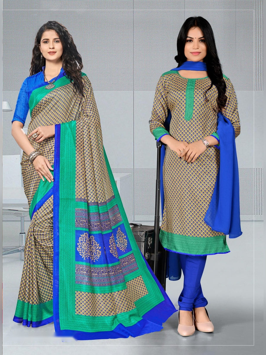 Women's Malgudi Silk Uniform Saree & Suit – Beige & Royal Blue - Front