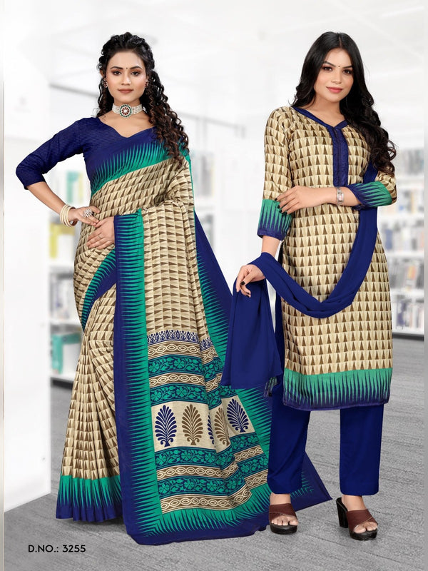 Malgudi Silk uniform saree Beige Teal D.No 3255