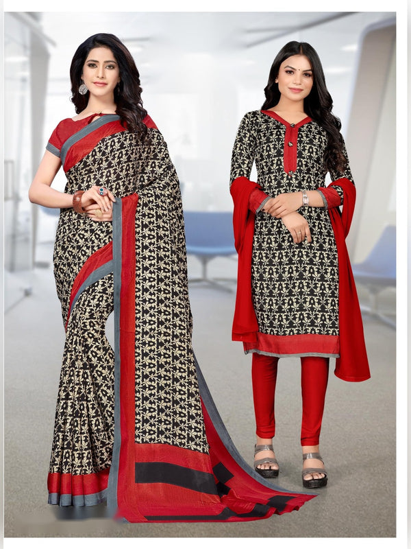 Malgudi Silk uniform saree Black Print Red D.No 2307