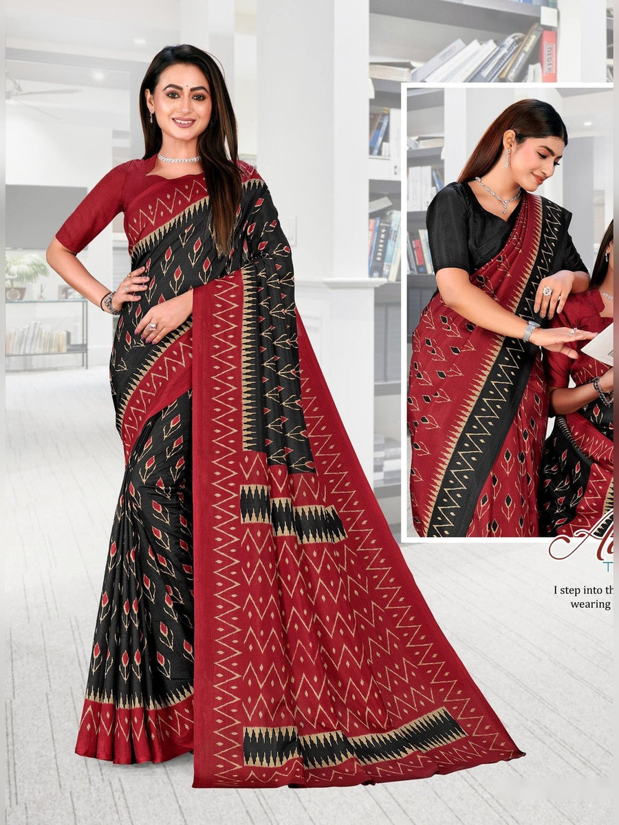 Women's Malgudi Silk Uniform Saree – Black & Red Ikat - Front