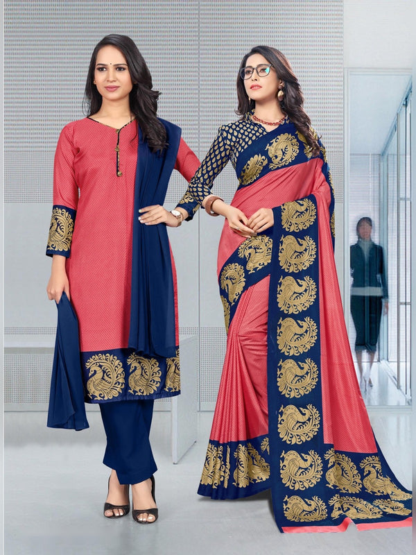 Malgudi Silk uniform saree Coral Pink Navy D.No 2324