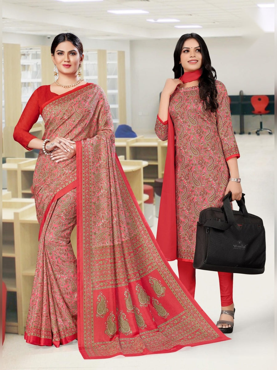 Women's Malgudi Silk Uniform Saree & Suit – Coral Red & Beige - Front