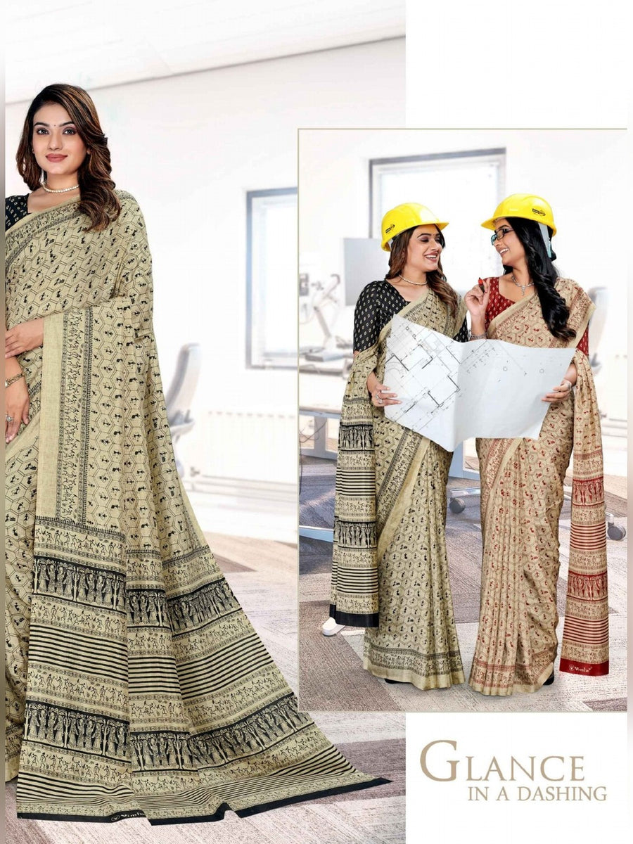 Women's Malgudi Silk Uniform Saree – Cream & Black - Front