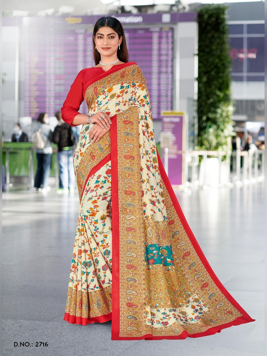 Women's Malgudi Silk Uniform Saree – Cream Floral & Red - Front