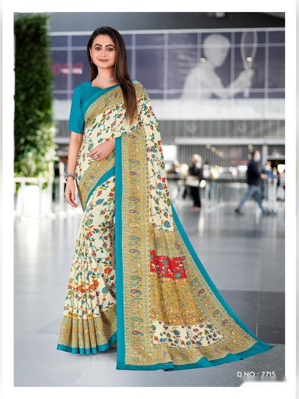 Malgudi Silk uniform saree Cream Floral Teal D.No 2715