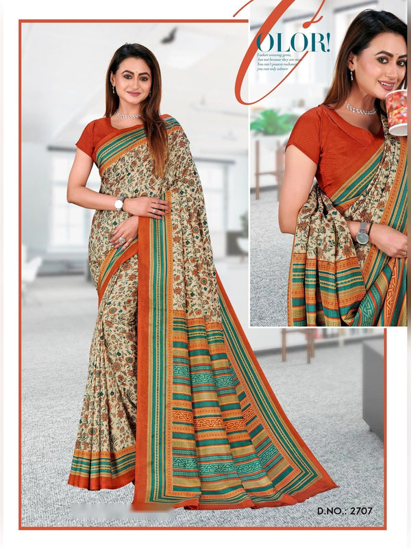 Malgudi Silk uniform saree Cream Orange D.No 2707