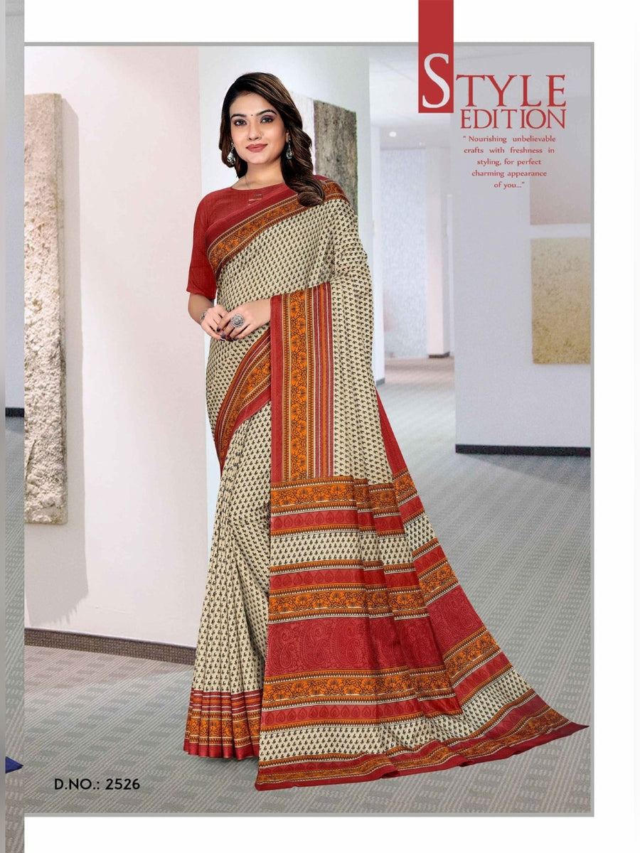 Women's Malgudi Silk Uniform Saree – Cream & Red - Front