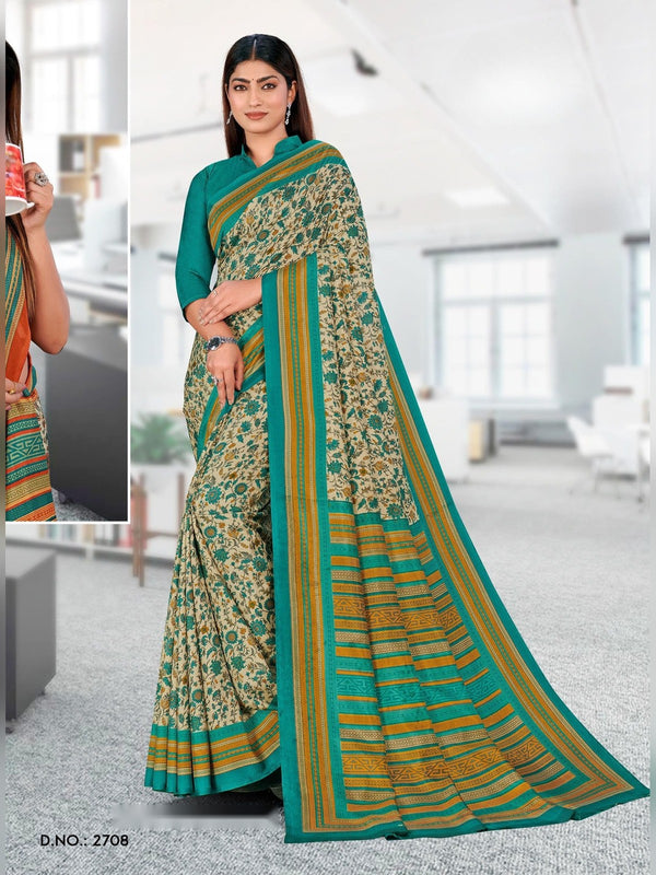 Malgudi Silk uniform saree Cream Teal D.No 2708