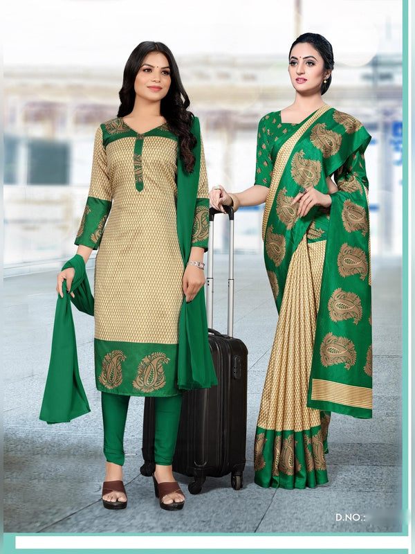 Malgudi Silk uniform saree Green Beige Paisley D.No 6609