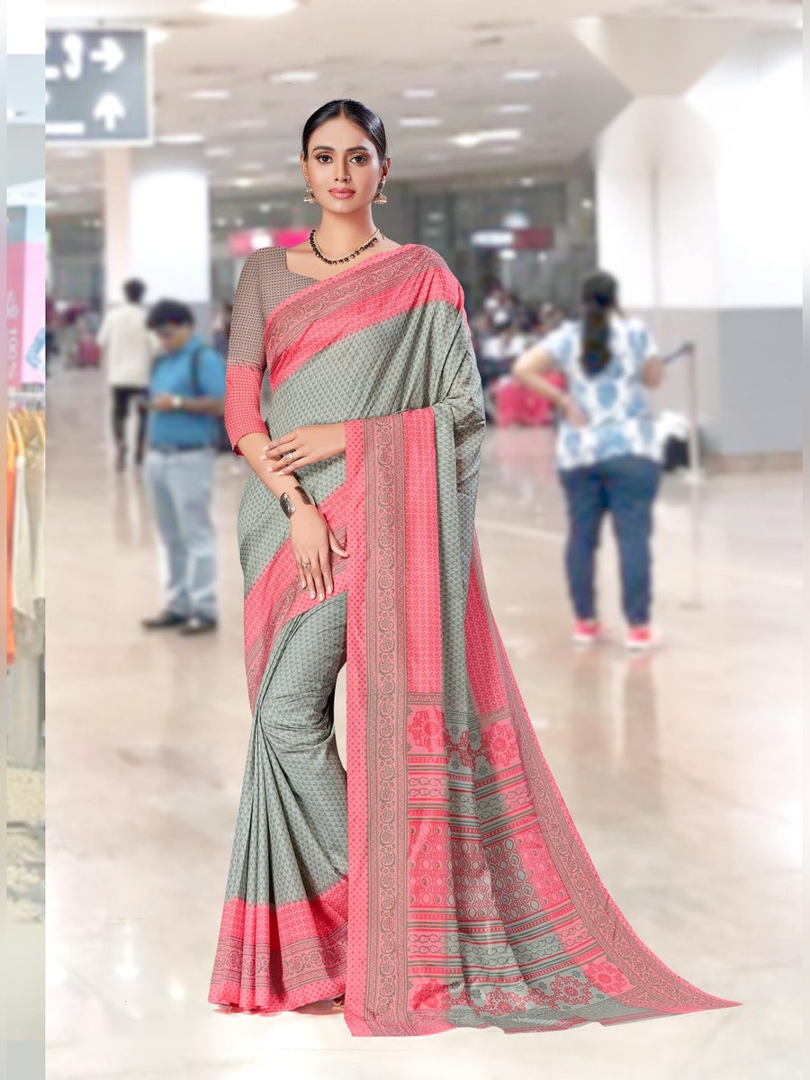 Women's Malgudi Silk Uniform Saree & Suit – Grey & Pink - Front