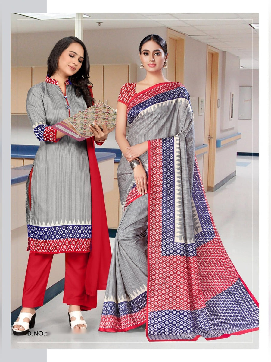 Women's Malgudi Silk Uniform Saree & Suit – Grey & Red - Front
