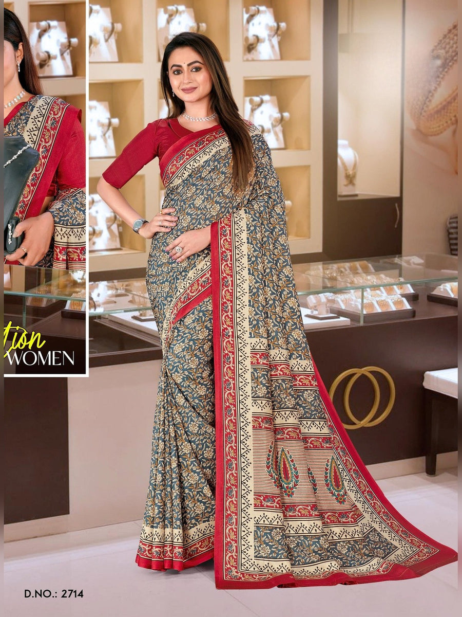 Women's Malgudi Silk Uniform Saree – Grey & Red - Front
