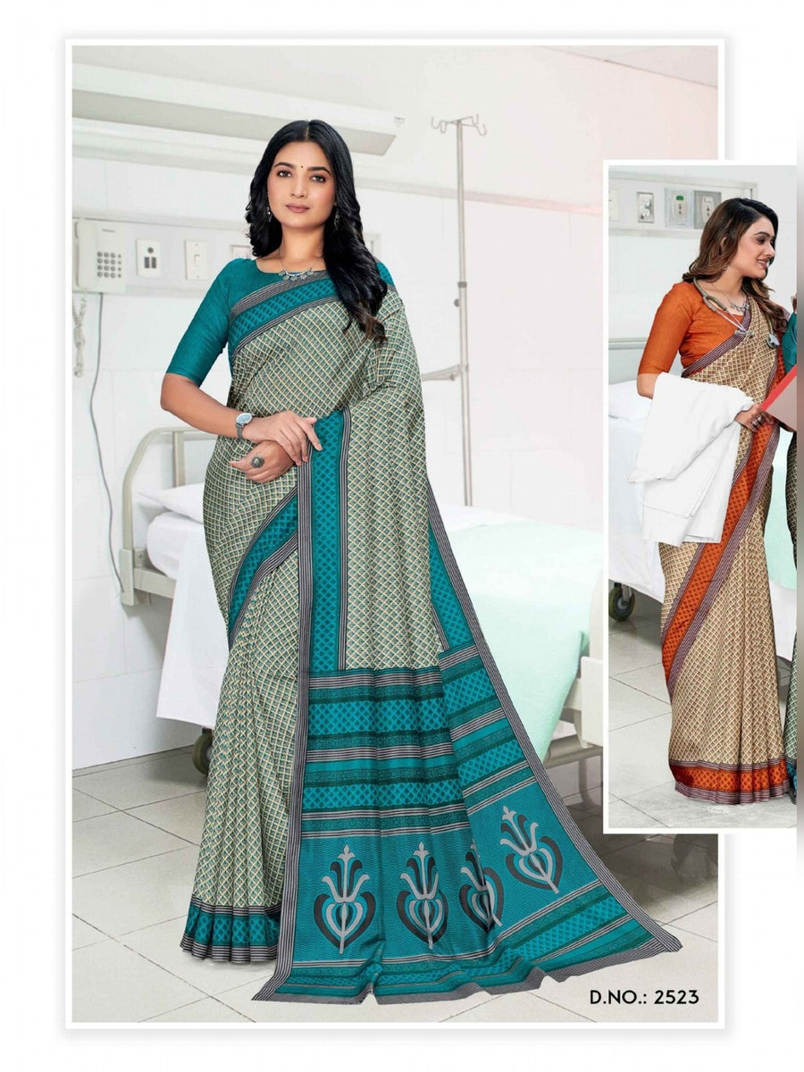 Women's Malgudi Silk Uniform Saree – Grey & Teal - Front