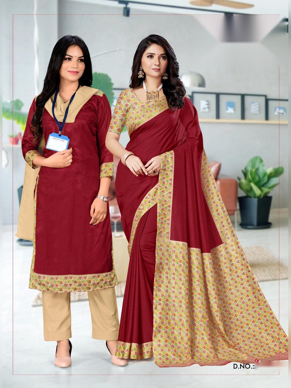Malgudi Silk uniform saree Maroon Beige D.No 2403