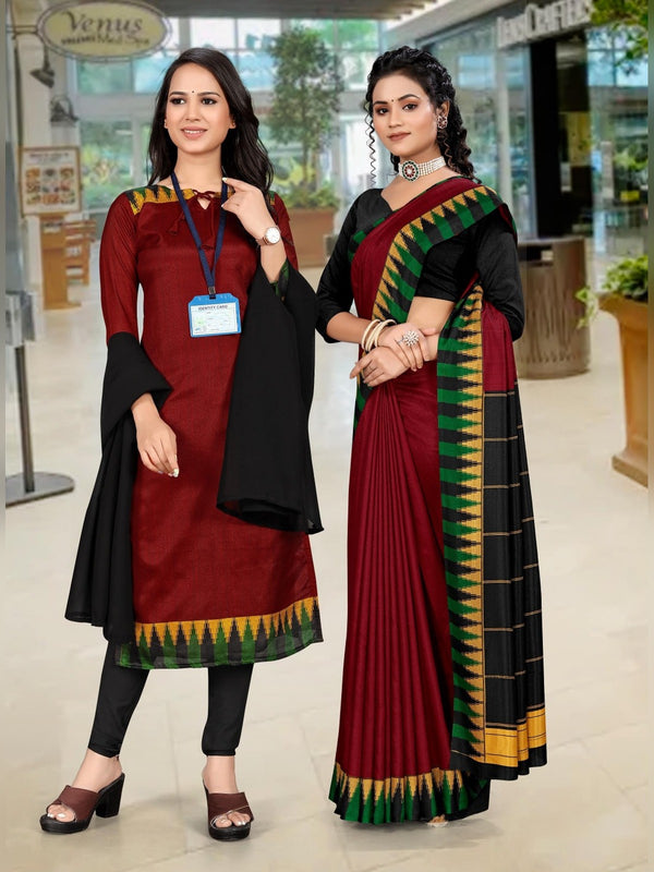 Malgudi Silk uniform saree Maroon Black D.No 4555