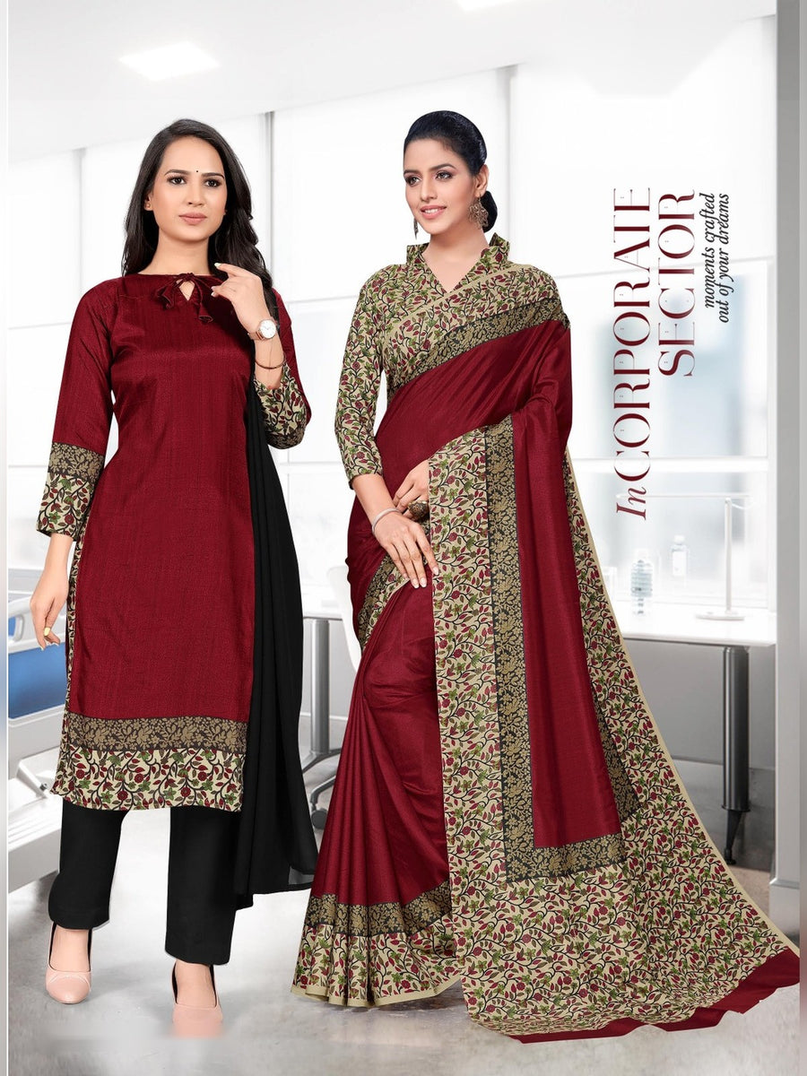 Women's Malgudi Silk Uniform Saree & Suit – Maroon & Mustard - Front