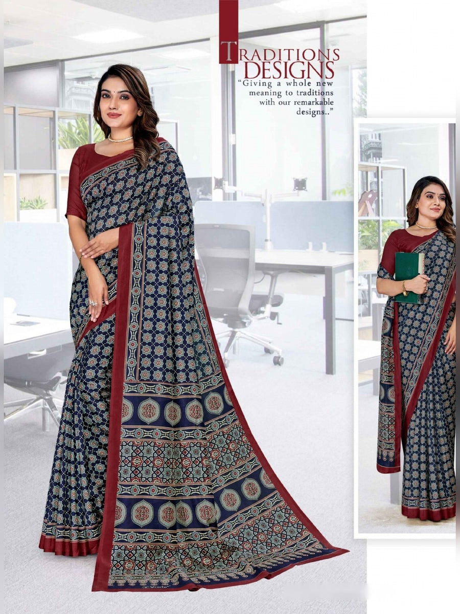 Women's Malgudi Silk Uniform Saree – Navy & Grey - Front