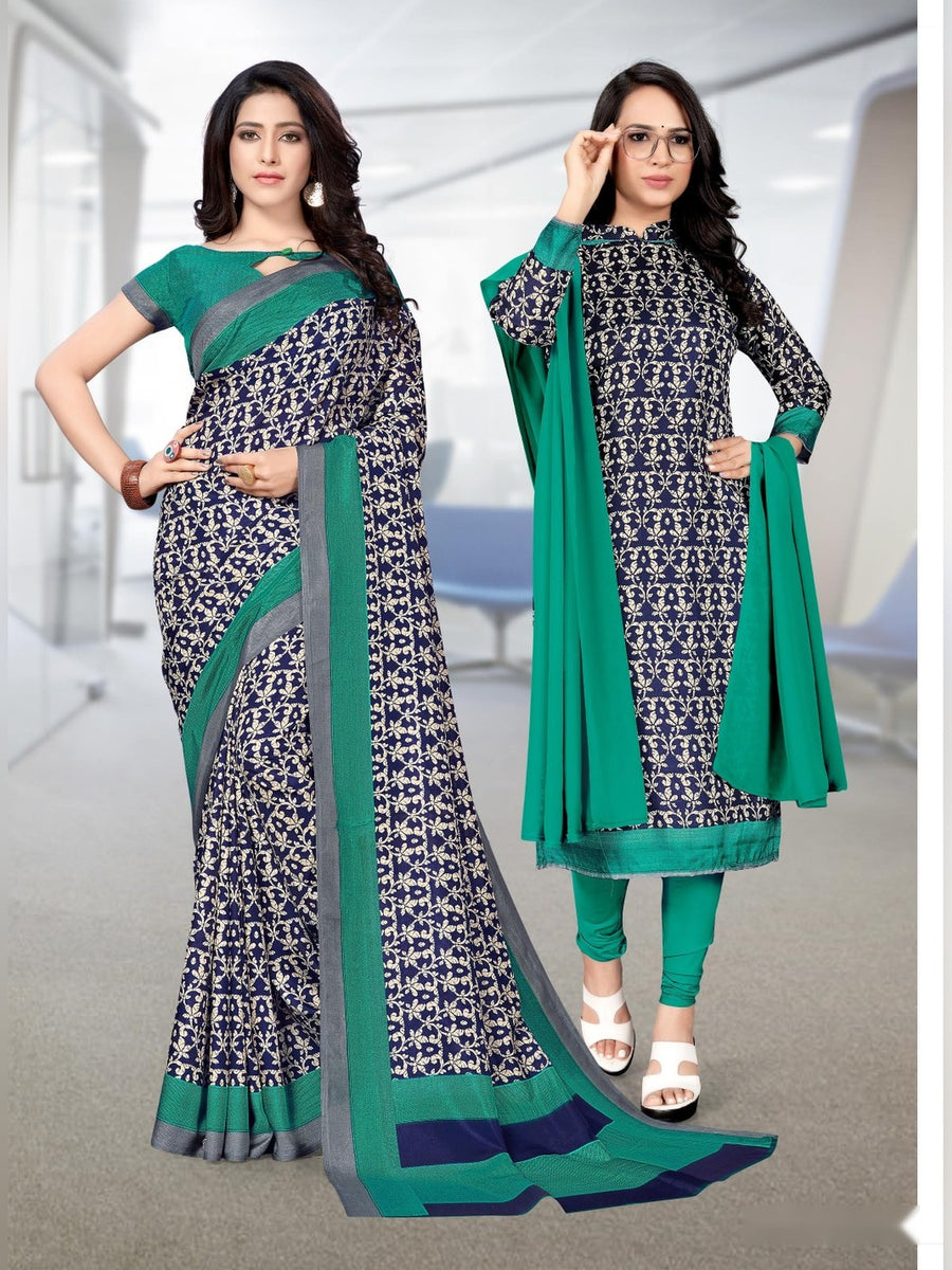 Women's Malgudi Silk Uniform Saree & Suit – Navy Print & Green - Front