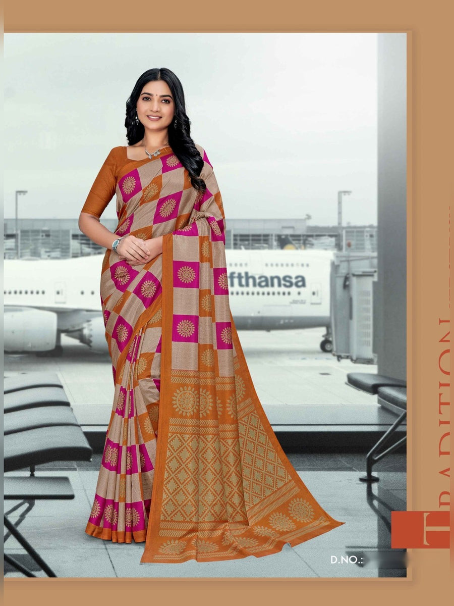 Women's Malgudi Silk Uniform Saree – Pink & Orange Check - Front